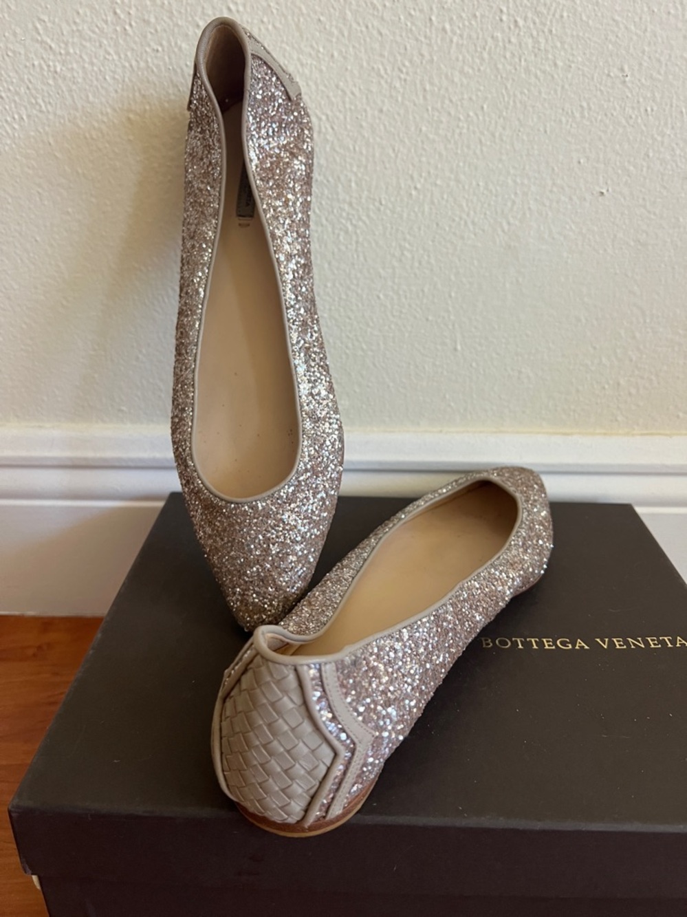 Bottega Veneta Italy Size 38 1/2 38,5 Glitter Ballet Flats Woven back - Picture 8 of 10